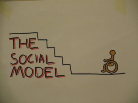 A wheelchair user at the foot of some steps with The Social Model written under them
